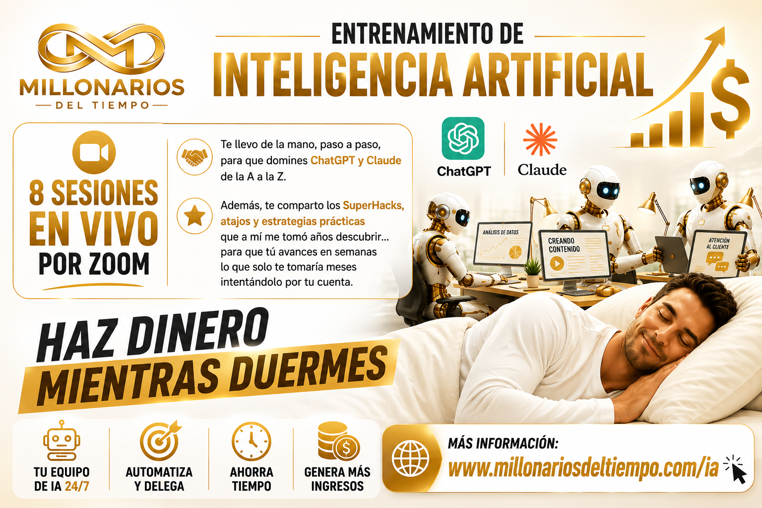 Entrenamiento de Inteligencia Artificial de Millonarios del Tiempo: 8 sesiones en vivo por Zoom sobre ChatGPT y Claude