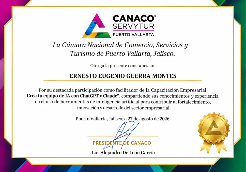 Certificate from CANACO SERVYTUR Puerto Vallarta for the corporate AI training
