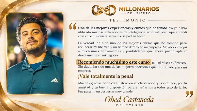 Testimonio de Obed Castaneda, Obi Tours: una de las mejores experiencias y cursos que he tenido. Recomiendo muchísimo este curso. ¡Vale totalmente la pena!